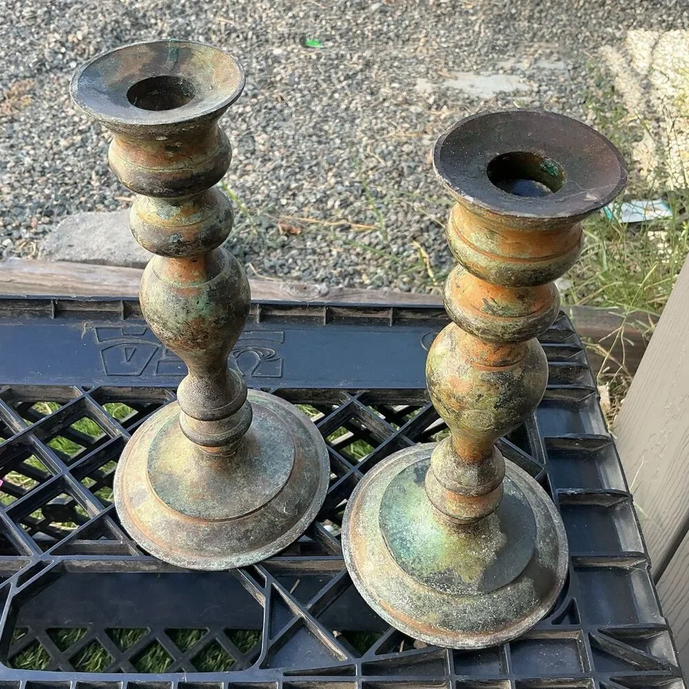 Vintage Brass Tone Candlestick Holders Pair 8.5” Heavy Patina Verdigris
